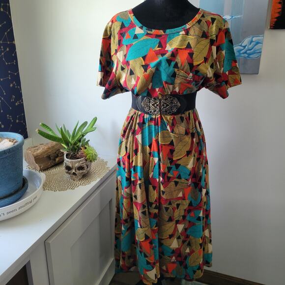 LuLaRoe Carly Dress Size L Gold  Leaf & Turquoise Triangle Pattern | Boho Tunic - Picture 1 of 9